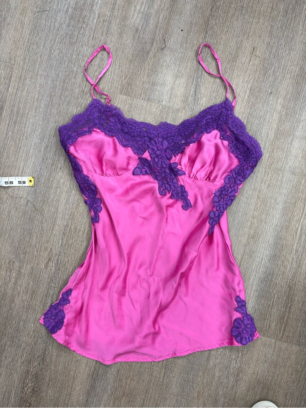 Lux Pink Satin Camisole with Purple Lace Trim